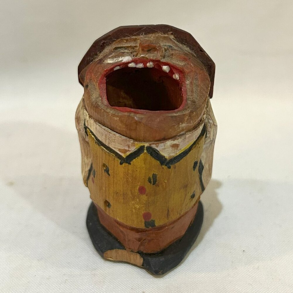 VTG Anri Hand Carved Painted Wood Big Mouth Toothpick Holder AS IS